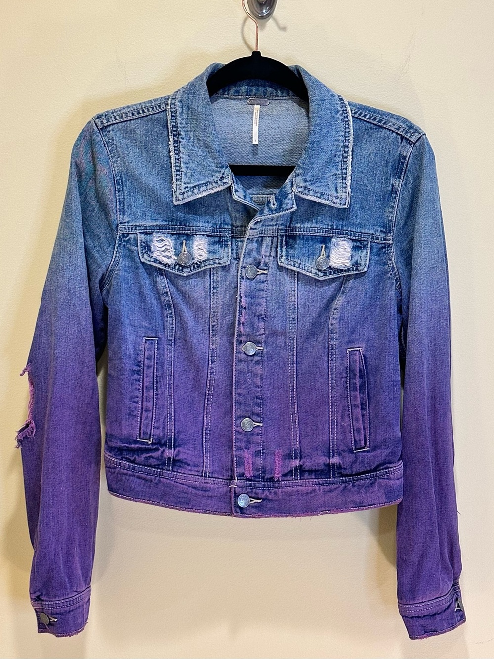 Free People We The Free Blue Purple Ombre Dip Dye Distressed Denim Jacket S